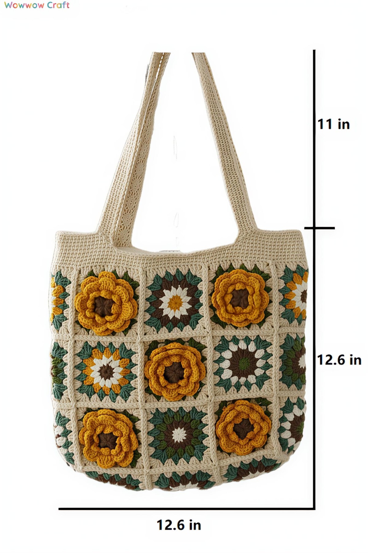 Shoulder Bags,Totes,Crochet Bags,Yellow Flowers Granny Square Tote crocheted with Snow Fairy Yarn - High quality handmade crocheted shoulder bag